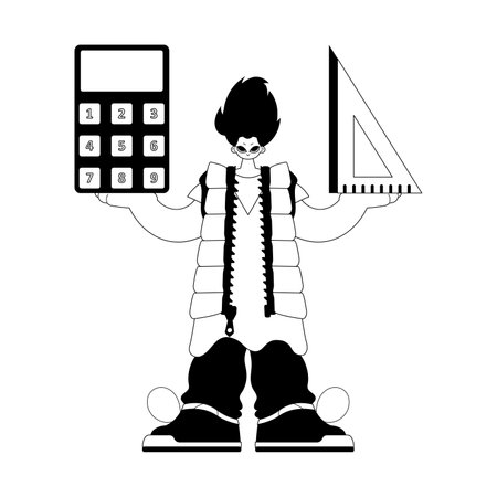 Individual with calculator and ruler. Learning subject. Bleak and white line craftsmanship. Trendy style, Vector Illustrationのイラスト素材