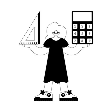 Excited woman with calculator and ruler. Learning point. Dim and white line craftsmanship. Trendy style, Vector Illustrationのイラスト素材