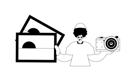 The individual is holding photos and a camera. Tourism point. Dim and white line craftsmanship. Trendy style, Vector Illustrationのイラスト素材