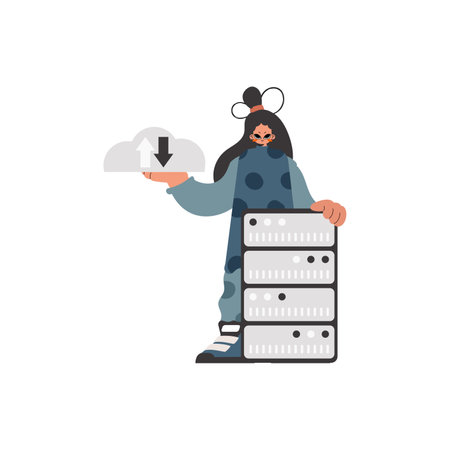 The energized woman is holding a data cloud and a server. Restricted. Trendy style, Vector Illustrationのイラスト素材