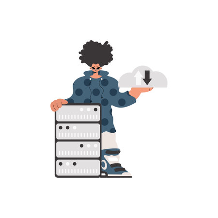 The boy is holding a data cloud and a server. Confined. Trendy style, Vector Illustrationのイラスト素材