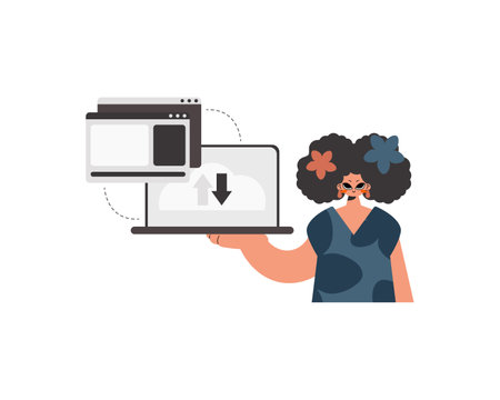 The energized lady is holding a tablet in which information is being synchronized. Disconnected. Trendy style, Vector Illustrationのイラスト素材