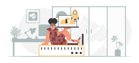 Synchronization and security of data capacity concept. The energized woman is holding a data cloud and a server. Trendy style, Vector Illustrationのイラスト素材