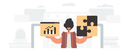 The individual is holding a stupor and a positivegrade chart. Thought collect work. Trendy style, Vector Illustrationのイラスト素材