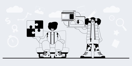 A team that specializes in SEO . trendy exemplar in a analogue manner. Trendy style, Vector Illustrationのイラスト素材