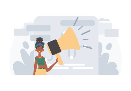 The girlfriend is holding a bullhorn in his bridge actor . digital marketplace concept. Trendy style, Vector Illustrationのイラスト素材