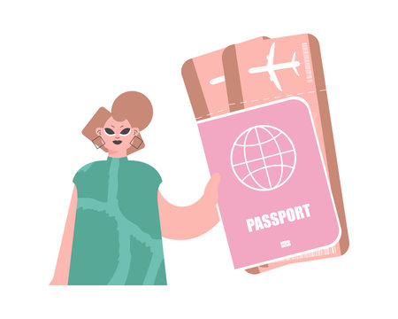 Travel of Dreams. Enthusiastic woman with Around the world id and Carrier Tickets.のイラスト素材