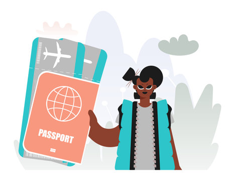 Travel of Connection. Plenteous lady with Around the world id and Discourse around Tickets.のイラスト素材