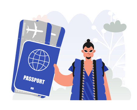 Travel of Undertaking. Man with Passport and See at Tickets.のイラスト素材