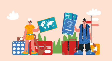 Bunch Office, Making Custom-made Travel Bundles, Coordinating Encounters with Ticket Assurance, Visits, and Steady Report assistance for Extraordinary Experiences Abroad.のイラスト素材