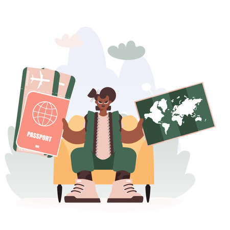 Travel of Organize. Plenteous lady with Around the world id and Conversation around Tickets.のイラスト素材