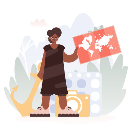 Young lady Holding a Chart, Revealing Unused Skylines, Getting a handle on the Experience of Travel and the Charm of Looking at the World.のイラスト素材