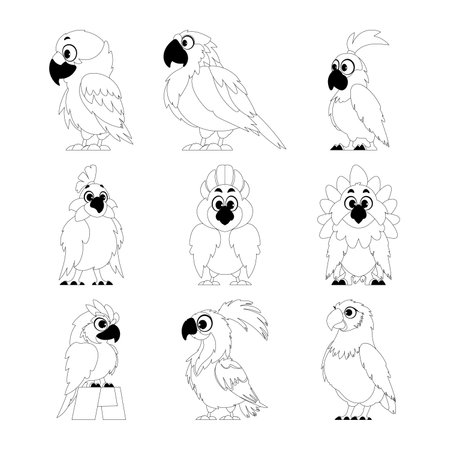 Many parrots that are funny and cute are standing next to each other in a straight line. Children's coloring page.のイラスト素材