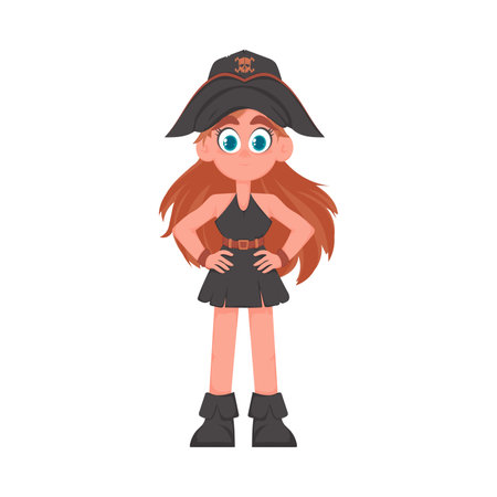 Funny and cute female pirate. Girl in a pirate costume. Cartoon styleのイラスト素材