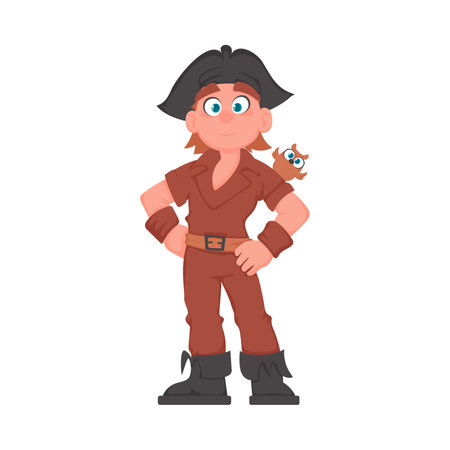 Funny and strict man pirate with a parrot. Cartoon styleのイラスト素材