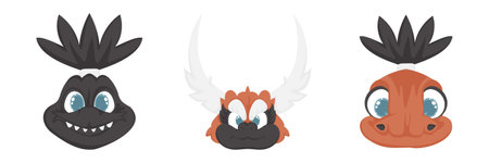 Set of faces Mystical, fabulous funny dinosaur. Cartoon styleのイラスト素材