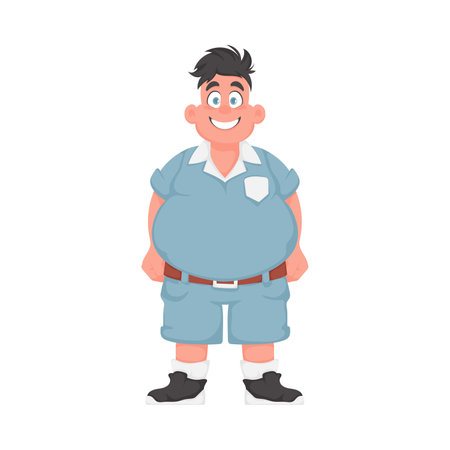 Fat man posing and smiling. Overweight guy is cute, body positivity theme. Cartoon styleのイラスト素材