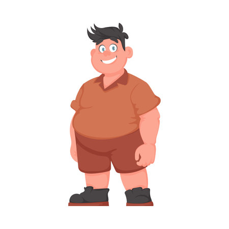 Fat man posing and smiling. Overweight guy is cute, body positivity theme. Cartoon styleのイラスト素材