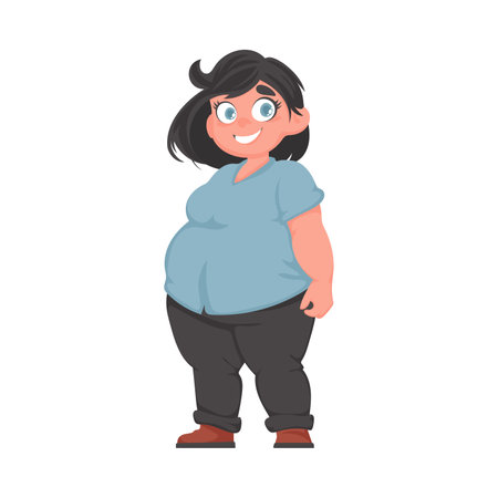 Fat woman posing and smiling. Cute overweight girl, body positivity theme. Cartoon styleのイラスト素材