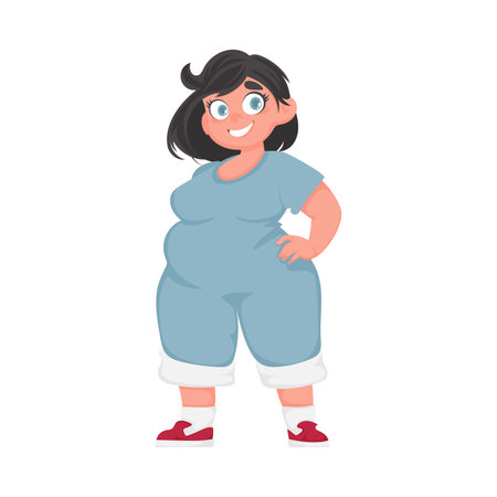 Fat woman posing and smiling. Cute overweight girl, body positivity theme. Cartoon styleのイラスト素材