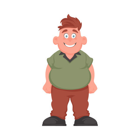 Fat man posing and smiling. Overweight guy is cute, body positivity theme. Cartoon styleのイラスト素材