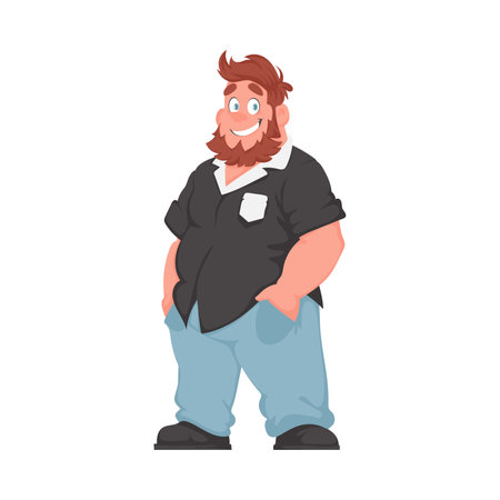 Fat man posing and smiling. Overweight guy is cute, body positivity theme. Cartoon styleのイラスト素材