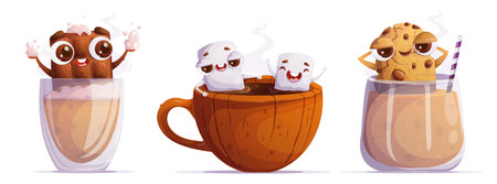 A set of three cartoon sweets floating in hot drinks. Emotional characters. Chocolate plays foam in a glass of cappuccino. Marshmallows relax in a cup of cocoa. The cookies relaxes in a mochaccino.のイラスト素材