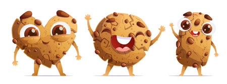 A set of three cute cartoon chocolate cookies. Emotional characters, detailed traditional chocolate chip cookies, showing cuteness, joy and greeting.のイラスト素材