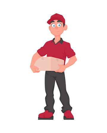 Smiling Deliveryman with Parcel: Friendly courier in red uniform holding a paper box. Vector cartoon illustration.のイラスト素材