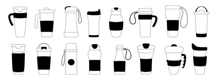 Cups with lids, travel thermal mugs, reusable cups for hot drinks. Various designs of thermoses for takeaway coffee. Set of black icons isolated on white background.のイラスト素材
