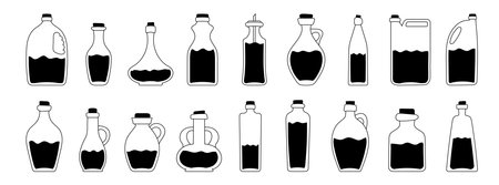 Set of various bottles with oil. Glass bottles of different shapes with different virgin oils. Vector black icons on white backgroundのイラスト素材