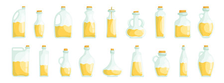 Set of various bottles with oil. Glass bottles of different shapes with different virgin oils. Vector illustration in cartoon style on a white background.のイラスト素材