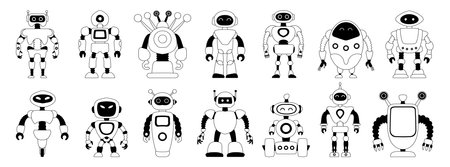 Set of linear black and white robot icons Isolated on white background. Character Artificial Intelligence Concept Flat Vector Illustration.のイラスト素材