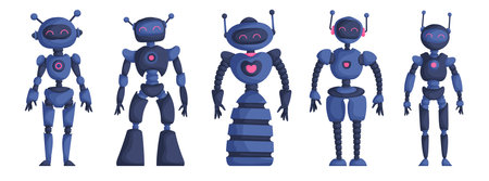 Set of five robot girls isolated on white background. Blue Characters Artificial Intelligence Concept Flat Vector Illustration.のイラスト素材