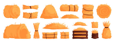 Set of hay bales, piles, heaps and stacks. Straw in rolls, squares, bags. Dry grass, bundles of farm feed. Cartoon vector illustration of haystacks.のイラスト素材