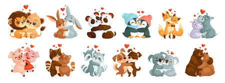 Set of cute, loving hugging animals. Lions, Hares, pandas, hippos, foxes, penguins, piglets, cats, dogs, raccoons, koalas and bears. Animal couples in love in cartoon styleのイラスト素材