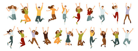 Big set of hugging people in flat style. Men and women are in a dynamic jumping pose.のイラスト素材