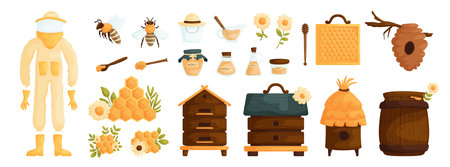Set of honey products. Jar, bee insect, ladle, honeycomb, flowers, beehive and barrel. Honey and apiary production or equipment. Natural organic product, healthy sweet food, sugar dessert. Vectorのイラスト素材