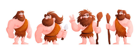 Cave man, prehistoric primitive people in stone age cartoon set. Neanderthal in the skin of an...