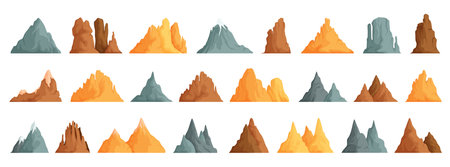 Vector set of isolated snowy mountains, mountain peak, hilltop, iceberg, natural landscape. Landscape camping and hiking. Outdoor travel, adventure, tourism, mountaineering design elementsのイラスト素材