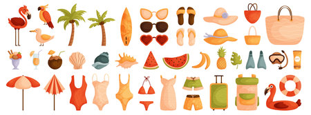 Large set of elements on the theme of summer, travel and vacation. Flat cartoon. Swimsuits, shells and summer drinks. Hats, sunglasses and bags for the beach. Watermelon, banana and pineapple.のイラスト素材