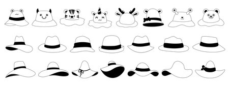 Black line icons.. Female,male and kids headwear, derby and cowboy, straw hat, panama. Summer women vintage fashion hats vector set. Illustration female,male and Kids accessory hat.のイラスト素材