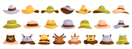 Cartoon hats. Female,male and kids headwear, derby and cowboy, straw hat, panama. Summer women vintage fashion hats vector set. Illustration female,male and Kids accessory hat.のイラスト素材