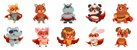 Set of cute superhero animal characters in colorful costumes, perfect for kids illustrations or animated projects.のイラスト素材