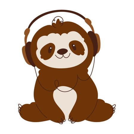 Adorable cartoon illustration of a smiling sloth wearing headphones, enjoying music in a relaxed sitting position, on a white background.のイラスト素材
