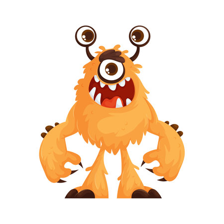 Playful orange cartoon monster with one large eye, two stalk eyes, sharp teeth, and a goofy expression on a white background.のイラスト素材