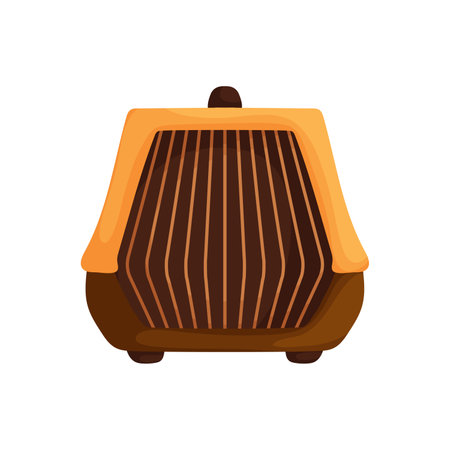 Vector illustration of a brown pet carrier with an orange fabric cover, designed for transporting small animals like cats and dogs.のイラスト素材
