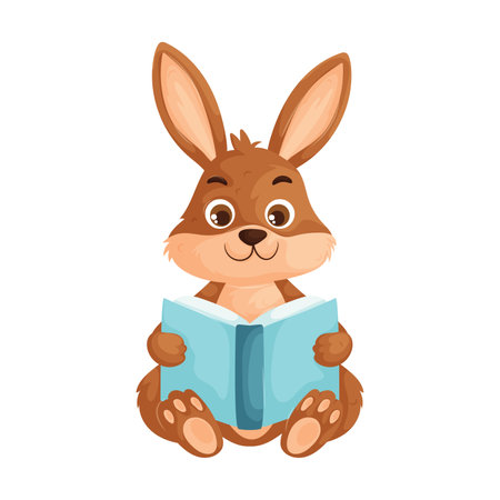 Adorable cartoon-style rabbit sitting while holding and reading a blue book, symbolizing curiosity, intelligence, and learning, isolated on white.のイラスト素材