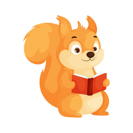 Adorable cartoon squirrel holding an open red book, appearing focused and happy. Fun, educational, and playful animal character illustration.のイラスト素材