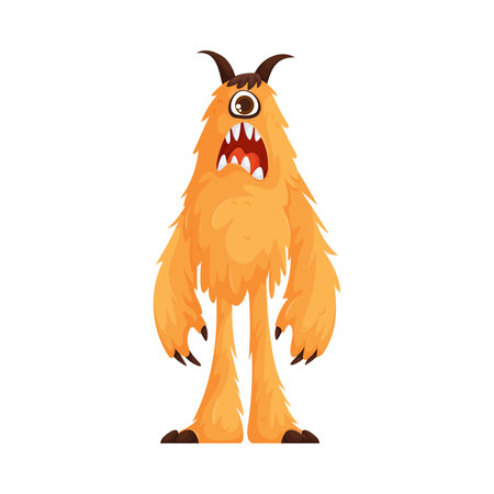 Cartoon-style orange furry monster with a single large eye, horns, sharp teeth, and long limbs, standing with a surprised expression.のイラスト素材